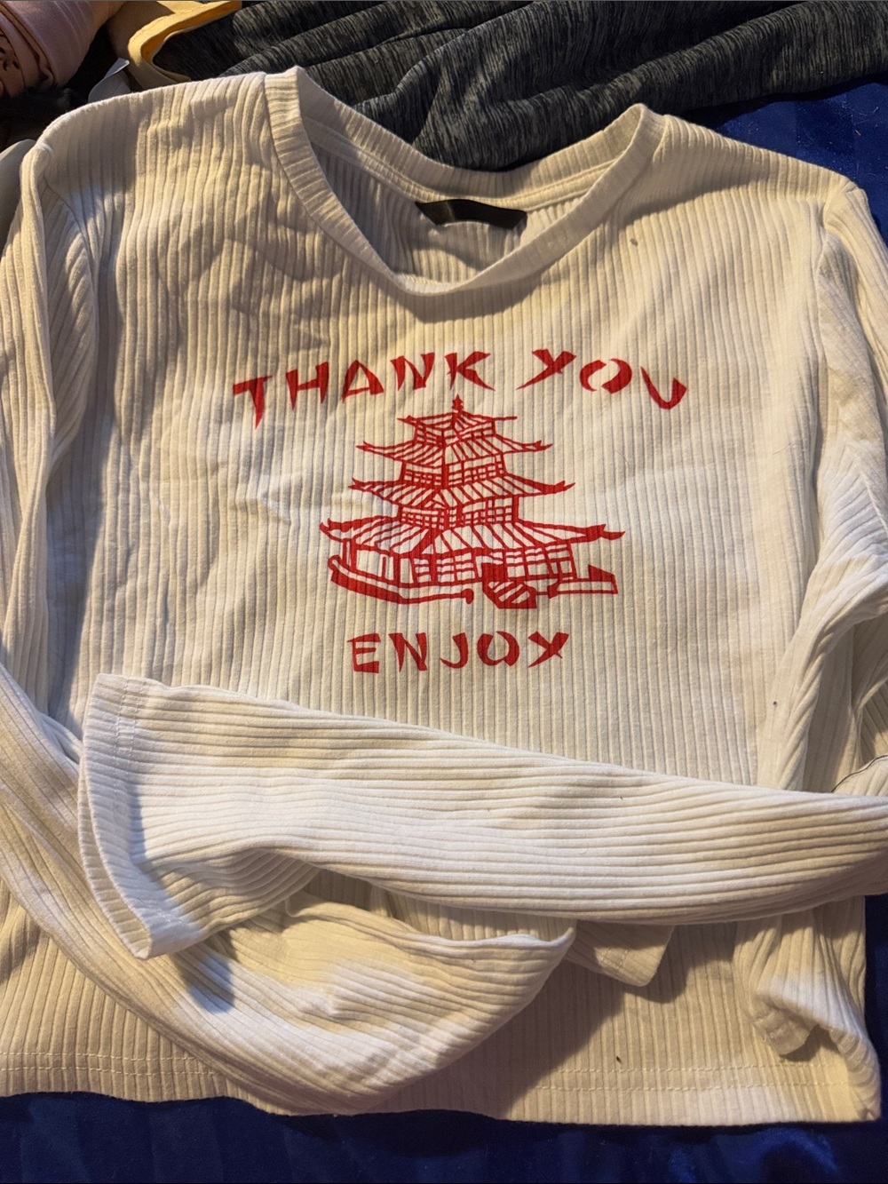 SHEIN White Ribbed Long-Sleeve Top with Red Pagoda Graphic